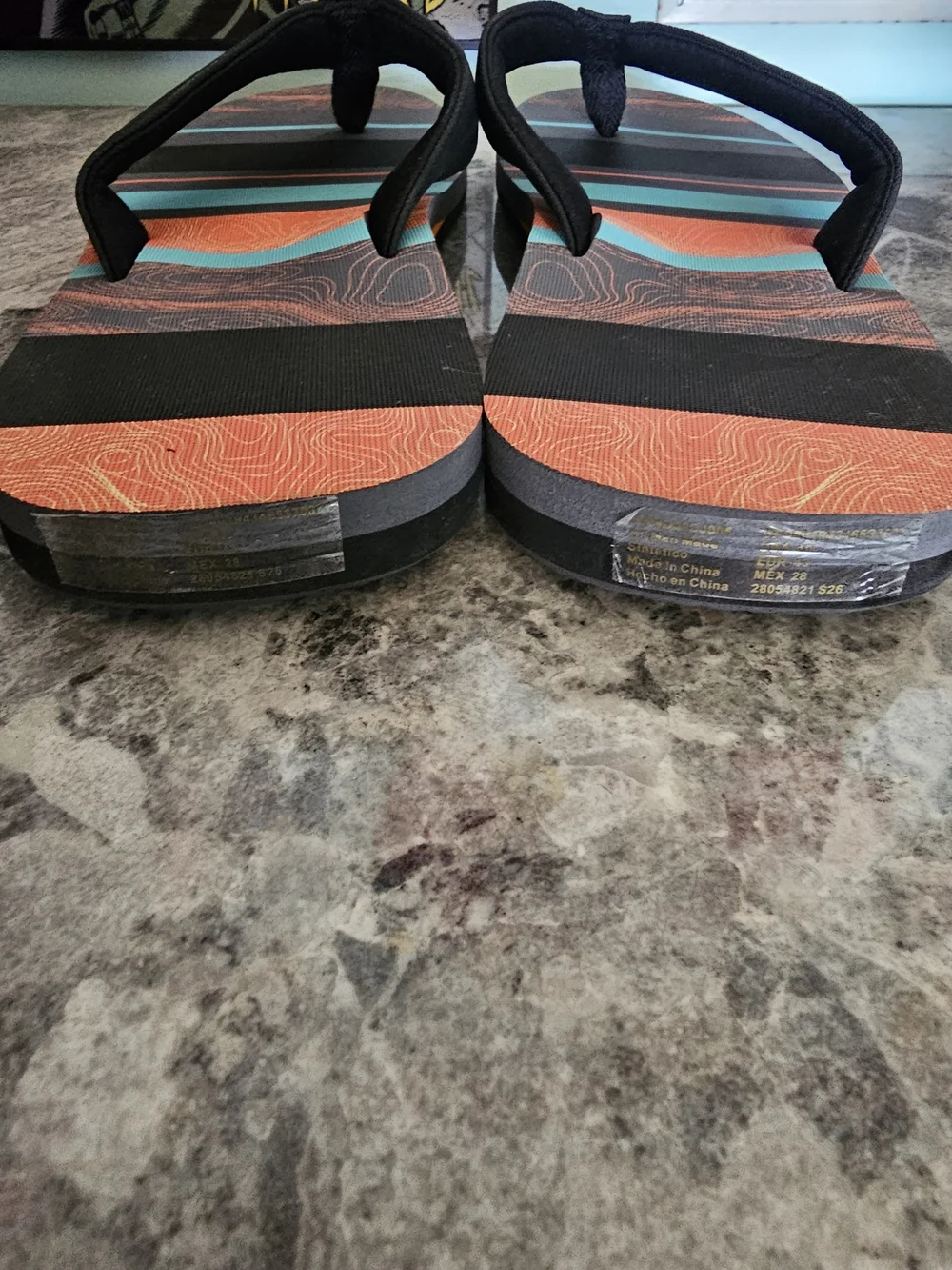 No Boundaries Men’s Black Flip-Flops with Orange and Teal Stripes